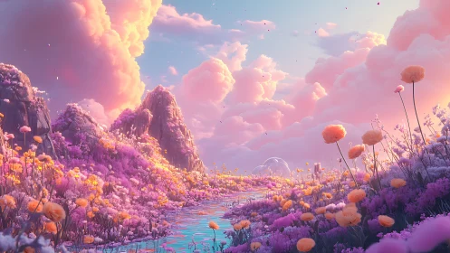 Iridescent valley river under pastel cumulus cloudscape.