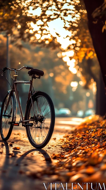 Bicycle parked beneath tree canopy with bokeh foliage illumination.