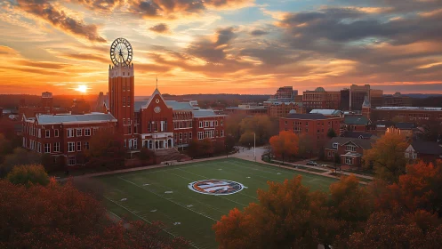Sunset illuminates collegiate clock tower over autumn campus quad