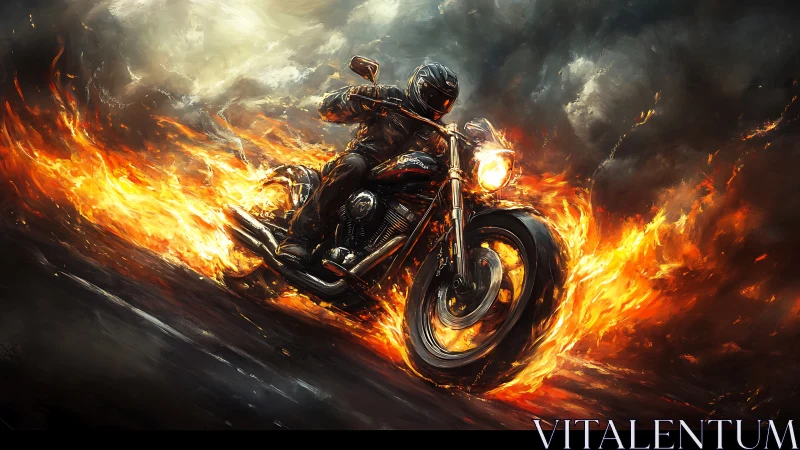 Motorcyclist rides through stylized flames on dark roadway