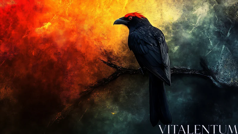 Vibrant black bird with red crest on branch, digital art style.