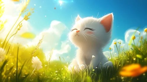 White Kitten in Sunlit Meadow with Yellow Wildflowers and Blue Sky.