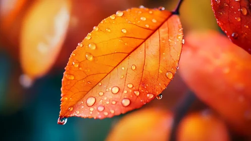 Orange leaf with water droplets in shallow focus macro.