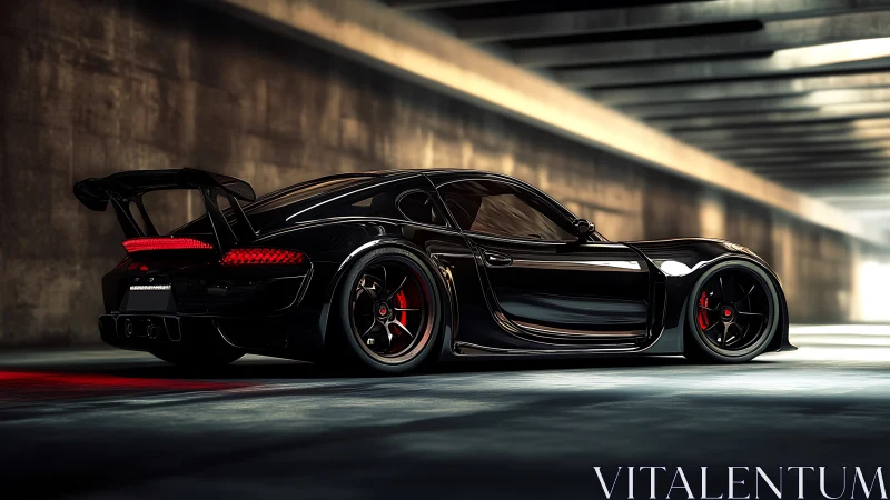 Black widebody sports coupe in concrete tunnel environment.