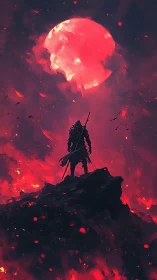 Lone warrior confronts a burning crimson moon in apocalyptic sky