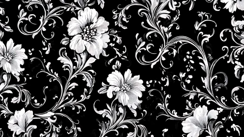 Baroque Floral Damask Pattern with Ornate White Scrollwork on Black Ground.