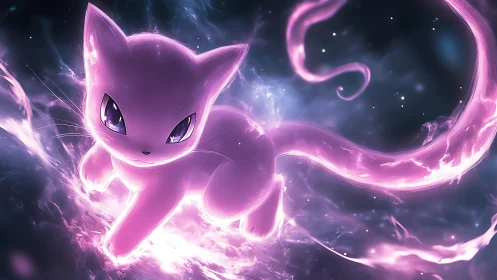 Starlit neon cat spirit leaping through swirling cosmos.