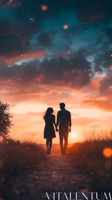Two silhouetted figures hold hands while walking toward glowing sunset