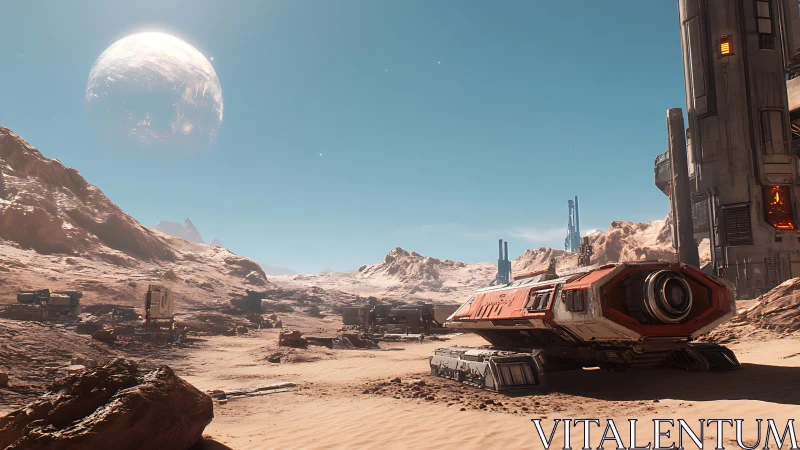 Rust-red lander napping on a sunburnt frontier moon.