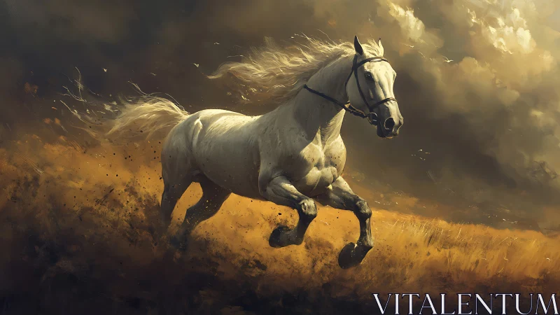 White stallion charging through cinematic storm light.