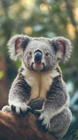 Gentle koala relaxing on a sunlit branch in soft forest light.