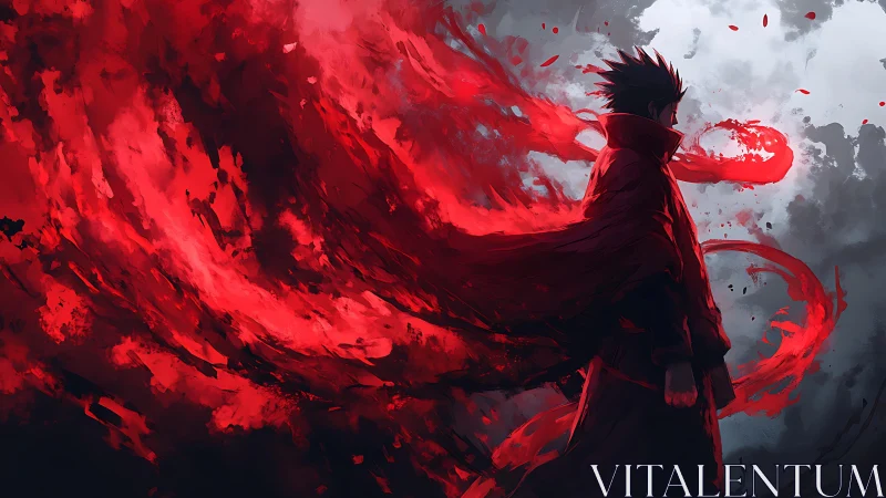 Crimson cloaked warrior commands swirling elemental fire.