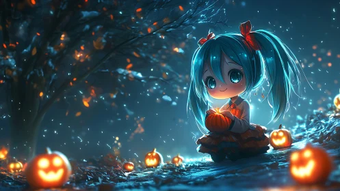 Tiny blue haired witch enjoying a glowing pumpkin night.