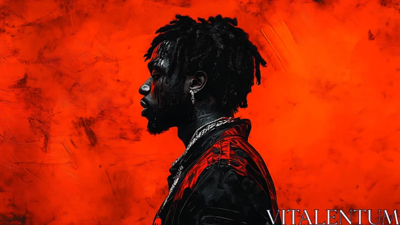 Bold side-profile portrait against vivid red glow.