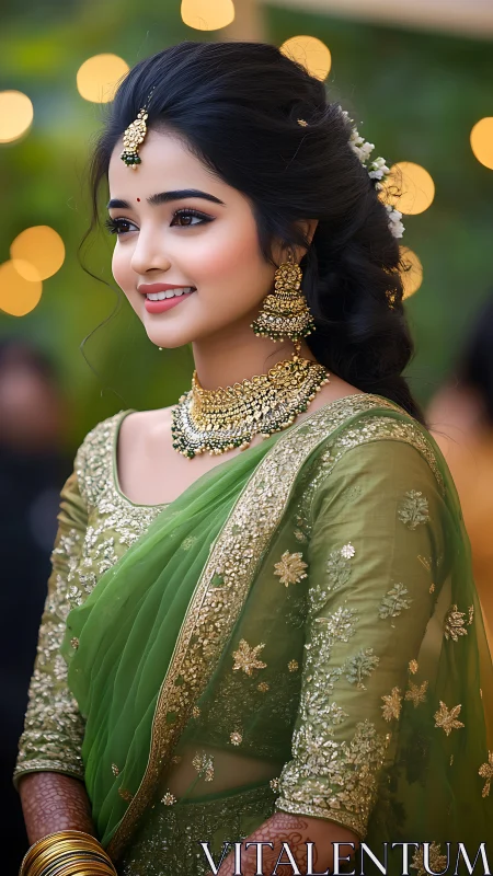 Smiling bride in green embroidered saree under warm bokeh lights