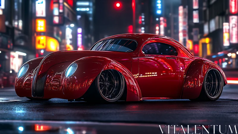 Sleek red retro coupe glowing under neon city lights.