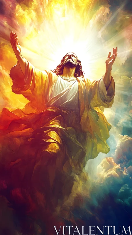 Radiant robed figure ascending through luminous celestial clouds