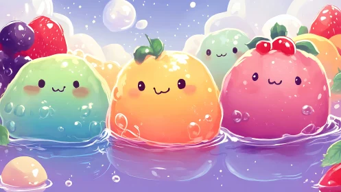 Kawaii fruit jelly characters in pastel water scene.