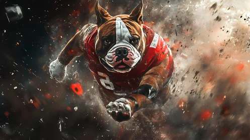 Bulldog football runner explodes through smoky arena chaos.