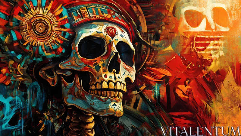 Vibrant digital skull warrior amid blazing abstract vortex.