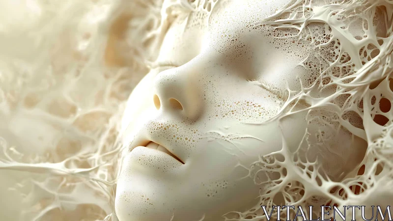 Porcelain face entwined with organic lattice structures.