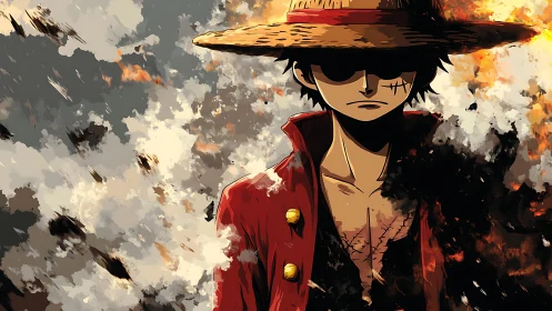 High contrast anime portrait dissolving into abstract smoke and fire