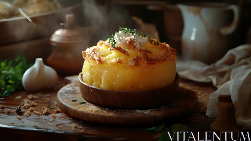 Rustic mashed potato gratin in warm moody kitchen light.