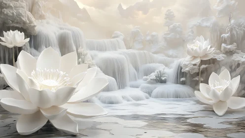 Digital painting of ethereal white lotus cascade landscape.