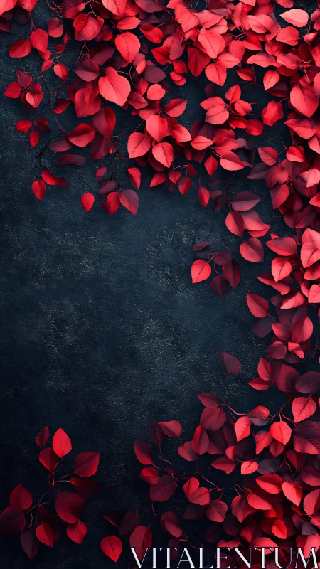Photorealistic crimson foliage frame on dark stone backdrop.