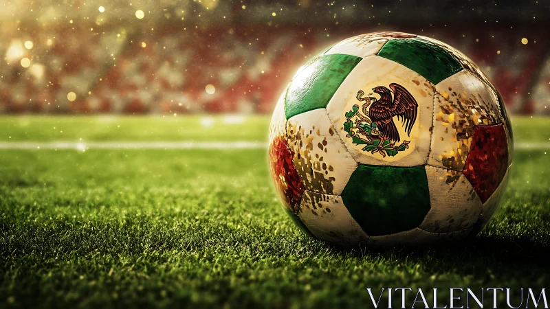 Mexico flag football rests on wet grass under stadium lights