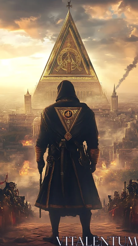 Hooded figure before burning city and golden pyramid.