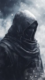 Hooded dark figure in swirling snow and mist portrait.