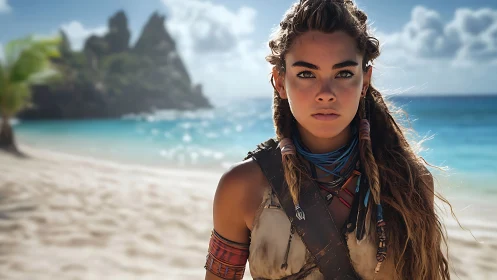 Woman in tribal attire stands on tropical beach shoreline