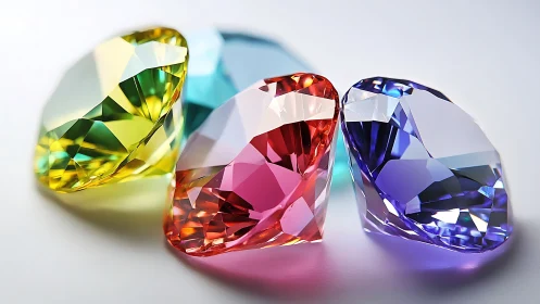 Multicolored faceted gemstones arranged on smooth surface.