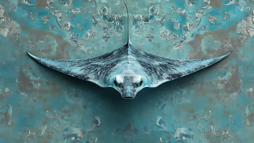 Digital painting of manta ray relief on patinated teal wall surface.