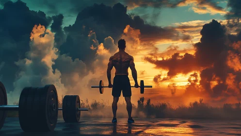 Muscular lifter silhouettes against dramatic sunset clouds