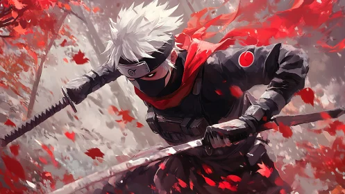 Masked anime swordsman charging through red leaves storm.