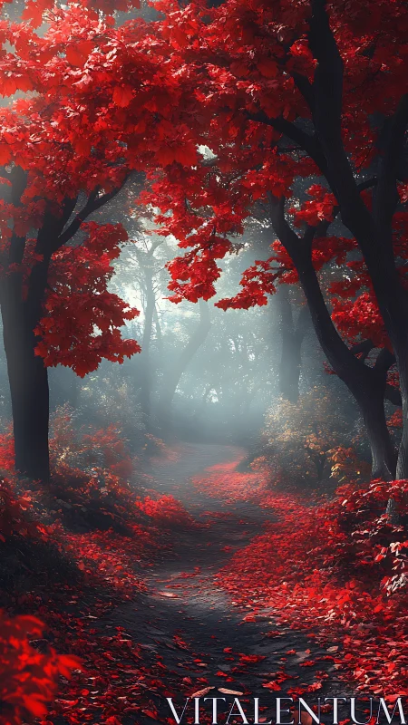 Crimson Canopy Forest Avenue with Atmospheric Volumetric Mist and Saturated Foliage