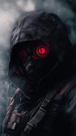 Crimson-eyed warden stalks through swirling industrial fog