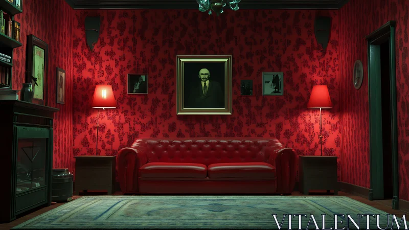 Red interior with leather sofa, wall portraits and lamps.