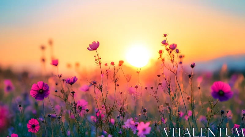 Cosmos Flowers Silhouetted Against Golden Hour Sunset.