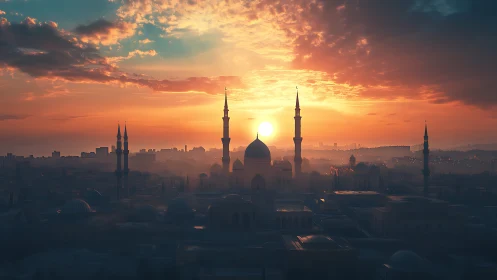 Digital painting of sunset mosque skyline with layered silhouettes.