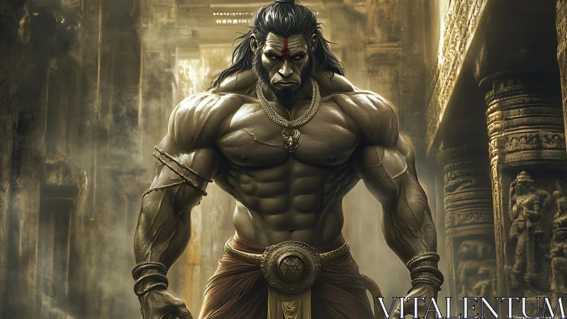 Majestic warrior god stands strong in an ancient golden temple