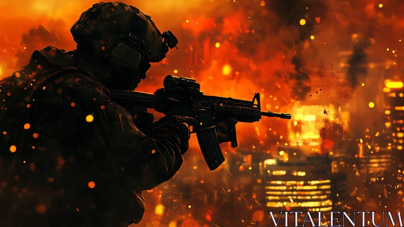 Silhouetted urban soldier framed by blazing inferno backdrop.