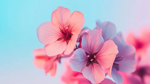 Pink Geranium Blooms Against Soft Blue Gradient.