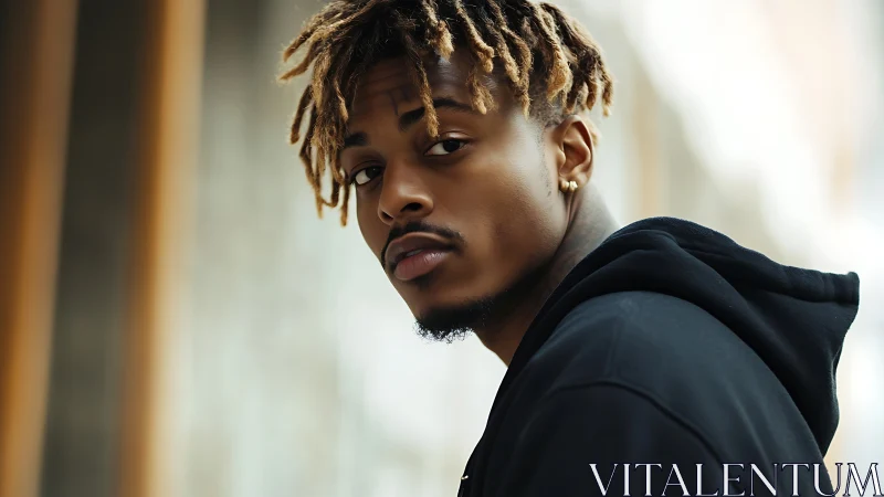 Urban portrait captures thoughtful man in soft daylight.