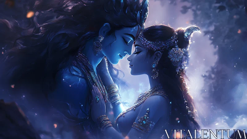 Celestial blue lovers rendered in luminous digital chiaroscuro