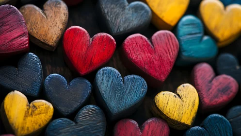 Multicolored Wooden Heart Sculptures with Brushstroke Surface Texture