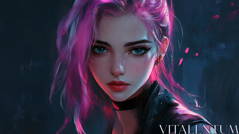 Pink haired cyberpunk portrait with cool blue lighting.