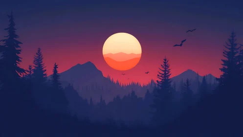 Sunset hush over pine mountains and drifting silhouettes.